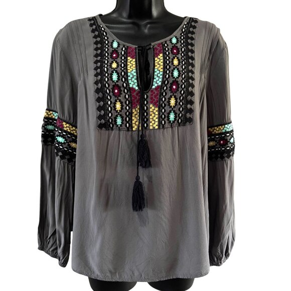 Solitaire Top M Bohemian Gray Tunic Top Aztec Embroidery & Tassel Tie - Picture 1 of 8
